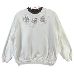 Vtg Fall Granny Sweatshirt PM White Beaded Leaves Top Stitch Morning Sun 90s Y2K